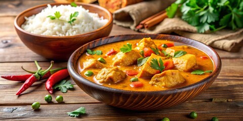 Chicken Curry in a Wooden Bowl with Rice, Curry, Chicken, Indian Food, Asian Cuisine