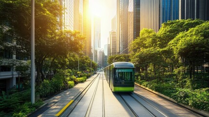 Solar-powered public transportation in a green city, modern design, bright sunlight