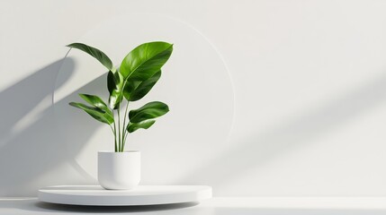 Sticker - Minimalist White Platform with Green Plant and Sunlit Shadows - A simple white platform with a green plant in a white pot. Sunlight casts soft shadows on the background, creating a serene and minimali