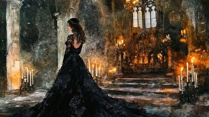 Sticker - Mysterious Woman in Black Gown in a Gothic Cathedral - A woman in a long black gown stands in the middle of a dimly lit gothic cathedral, surrounded by flickering candles, symbolizing mystery, solitud