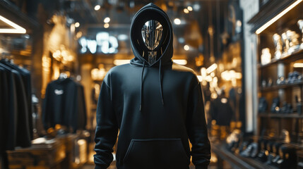 Mock up replica hoodie in stainless steel mannequin standing in luxurious shop.