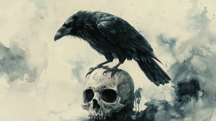 Sticker - Raven Perched on Skull with Watercolor Background - A raven sits atop a human skull against a watercolor background. This image symbolizes death, mystery, the macabre, and the passage of time.