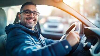 Sticker - A man wearing glasses driving a car on a city street