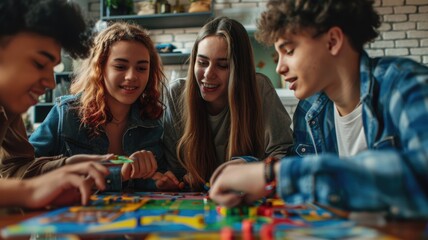 Wall Mural - The picture of people together playing board game competing with fresh idea. Players enjoy play toys as fun activity. Group of person find solution and strategy for competition games concept. AIG53.