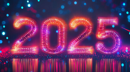 2025 New Year written in bright bold colorful lights, celebrating a happy new year