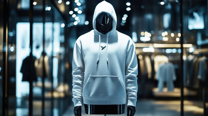 Mock up replica hoodie in stainless steel mannequin standing in luxurious shop.