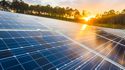 A close-up of solar panels capturing sunlight at sunset, showcasing the power of renewable energy in a vibrant landscape.