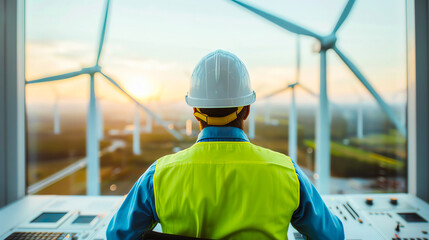 A technician overseeing wind turbines from a control room, emphasizing renewable energy and sustainability in action.