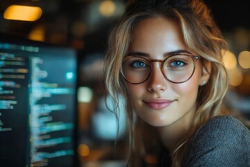 Poster - A woman wearing glasses looking at a computer screen