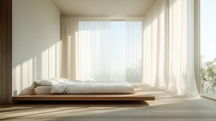 Wall Mural - modern minimalist bedroom with large windows , minimalist interior design , peaceful bedroom , bedroom ideas