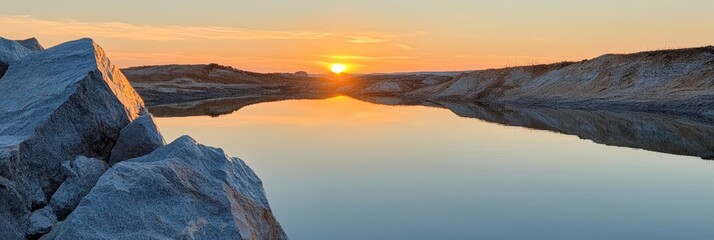 Poster - Tranquil Sunset Over a Still Lake in a Rocky Landscape - A serene sunset casts a warm glow over a still lake, reflecting the sky and the surrounding rocky landscape. The scene evokes a sense of peace,