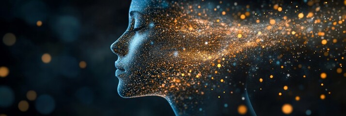 Wall Mural - Woman with a Galaxy of Thoughts - A female silhouette with closed eyes, a stream of golden sparks emanating from her head. This image symbolizes imagination, inspiration, creativity, dreams, and poten