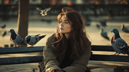 Wall Mural - A woman sitting on a bench with pigeons in the background