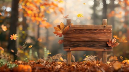 Canvas Print - Wooden Signboard in Autumn Forest with Falling Leaves and Sunlight Filtering Through Trees