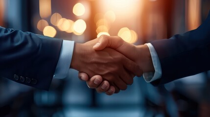 Wall Mural - Business Handshake in Modern Office with Warm Lighting and Bokeh Background, Symbolizing Partnership and Success