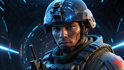 A soldier skilled in using holographic displays for real-time digital warfare, merging cyber tactics with traditional combat strategies