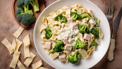 Canvas Print -  Delicious pasta dish with broccoli and chicken ready to be savored