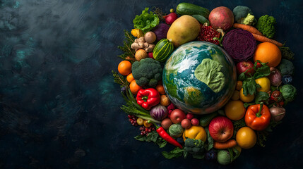 Vegetables and fruits with planet, campaign image for healthy lifestyle, World Vegan Day photograph 