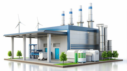 3D Icon as Hydrogen fuel station and manufacturing hub concept as A hydrogen fuel station paired with a manufacturing hub representing advanced renewable energy solutions in industrial complexes ideal