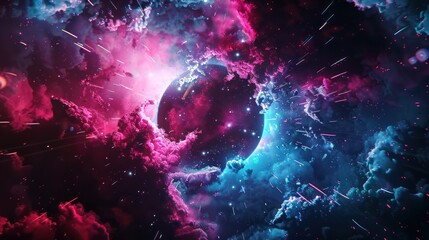 Modern futuristic abstract background. Large object in the center, space background. Dark scene with neon light.