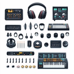 240805 185. A simple vector icon illustration depicting the group of studio headphones and mixing equipment items at center for a website isolated white background