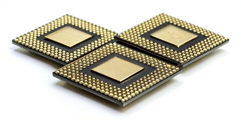 Three Golden CPU Chips in a Triangle, CPU, Gold, Semiconductor, Computer Chip