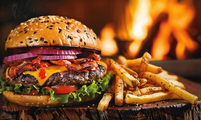 Tasty burger with french fries and fire. 