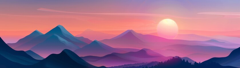 Wall Mural - Sunset Over Purple and Blue Mountains with Sun