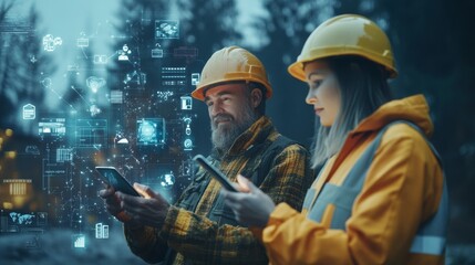 Construction Workers in the Digital Age: Two construction workers, a man and a woman, stand side-by-side in their safety gear, using their smartphones in a futuristic industrial setting, surrounded by