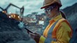 © Boy photographer - Tech-Enabled Construction: A female construction worker, equipped with a hardhat and safety glasses, stands confidently in a mining site, utilizing a smartphone for data analysis, showcasing the integ