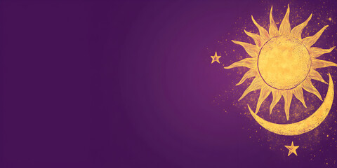 Celestial sun and moon web banner. Symbolic sun and moon in celestial harmony isolated on purple background with copy space.