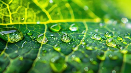 Wall Mural - dew drops on a green leaf, showcasing the intricate details and textures of nature.