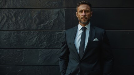 Confident Man in Black Suit Standing Against Dark Wall