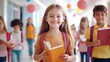 © atdigit - Happy Kids Reading Books in Bright School Hallway with Backpacks