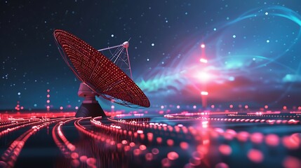 Wall Mural - futuristic rendering of a satellite dish against a backdrop of glowing lines and a swirling sky, sym