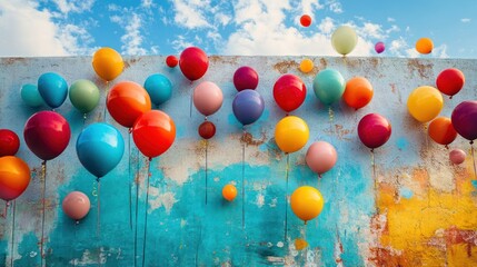 Canvas Print - Colorful Balloons Floating Against a Distressed Blue Wall