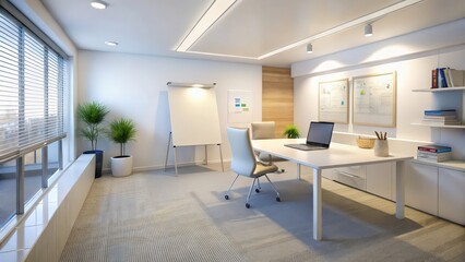 Sticker - Modern Office Interior with White Desk, Laptop, and Plants