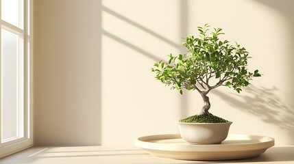 Poster - Bonsai Tree on Wooden Tray in Minimalist Setting