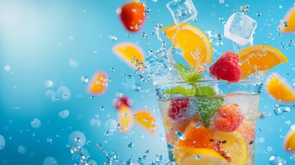 Wall Mural - Refreshing Summer Fruit Drink with Ice Cubes and Water Splash