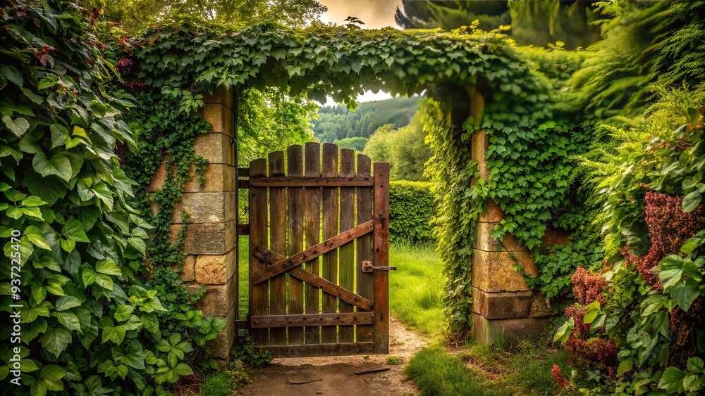 Rustic Gate Using Trees An isolated wooden gate with a rustic iron latch and overgrown vines ...