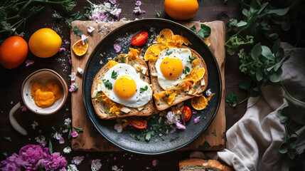 Wall Mural - Traditional English breakfast fried egg with yolk on toast with salad, top view. AI generated.