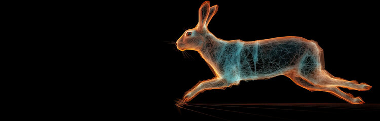 Wall Mural - Neon abstract graphic outline of rabbit in jump, wild animal. Dark background isolate. AI generated.