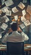 © peerasak - A man is sitting at a desk with papers flying around him. He is wearing a white shirt and tie. Concept of chaos and disorganization, as the papers are scattered all over the room