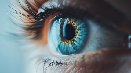 Close-up photo of a human eye with blue iris on a light background