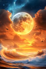 Wall Mural - Full Moon Over Waves.