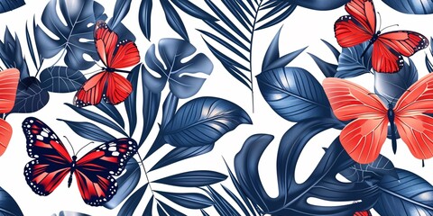 Wall Mural - A continuous motif of graceful tropical butterflies and foliage set against a plain backdrop, featuring charming airborne insects and leaves for decorative accents.