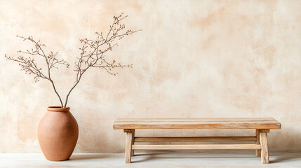 Minimalist Home Decor with Rustic Wooden Bench and Clay Vase