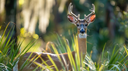 Wall Mural - A deer with antlers stands in tall grass near trees. The background is blurred to focus on the animal, which has white spots and dark fur