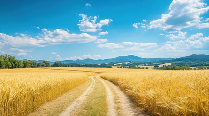 A scenic landscape featuring a dirt path through golden fields under a blue sky.