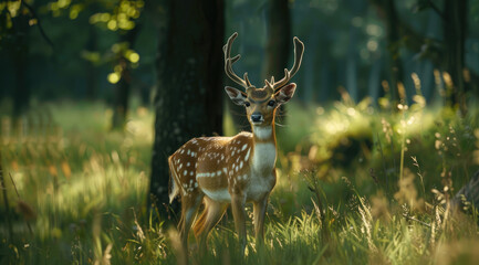 Wall Mural - A deer with antlers stands in tall grass near trees. The background is blurred to focus on the animal, which has white spots and dark fur